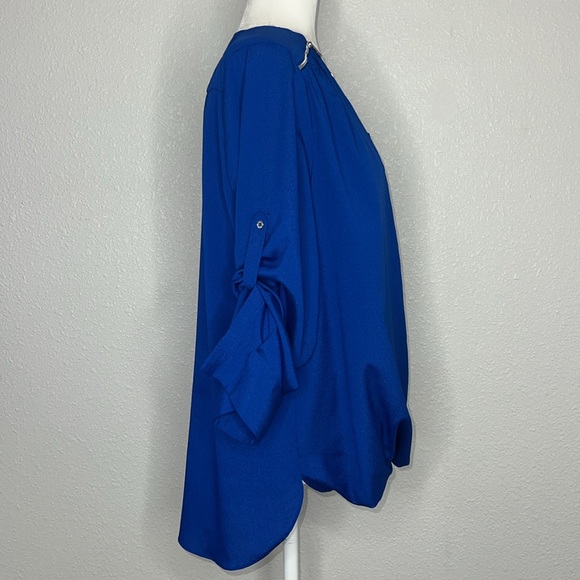 CALVIN KLEIN Cobalt / Royal Blue Faux Wrap
Silver Zipper Accents Chiffon Blouse - Picture 5 of 7